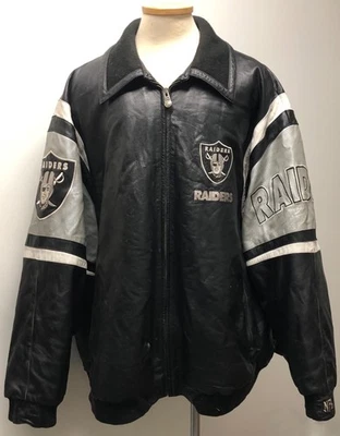 CHAQUETA DE CUERO RETRO DE FÚTBOL AMERICANO DE LOS RAIDERS DE LA NFL CUELLO TEJIDO PUÑOS CINTURA CREMALLERA COMPLETA 4XL Foto 1 de 4