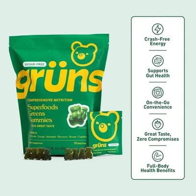 Gruns No Sugar - SuperFoods Greens Gummies, Sweet Taste - 240 Gummies 30 Pack - Image 1 of 4