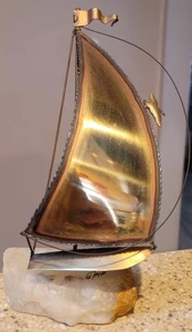 Vintage MCM Nautical Brass Sailboat Art Sculpture Artist Signed Seagull Island  - Picture 1 of 5