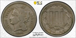 1865 Three Cent Nickel (3CN) PCGS Genuine Cleaned F Detail - Picture 1 of 5