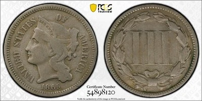 1865 Three Cent Nickel (3CN) PCGS Genuine Cleaned F Detail - Image 1 of 4