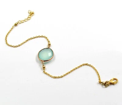 Bracciale pietre preziose calcedonio blu argento sterling 925 placcato oro gi... - Immagine 1 di 4