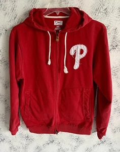 Majestic Philadelphia Phillies Red Jacket Full 2 Way Zipper Distressed Look Sz M - Picture 1 of 8