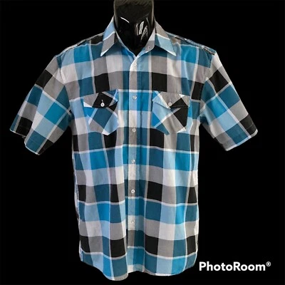 Airwalk Teen Boys Sz 18 Shirt Plaid Short Sleeve Button Front Blue Black White - Image 1 of 4