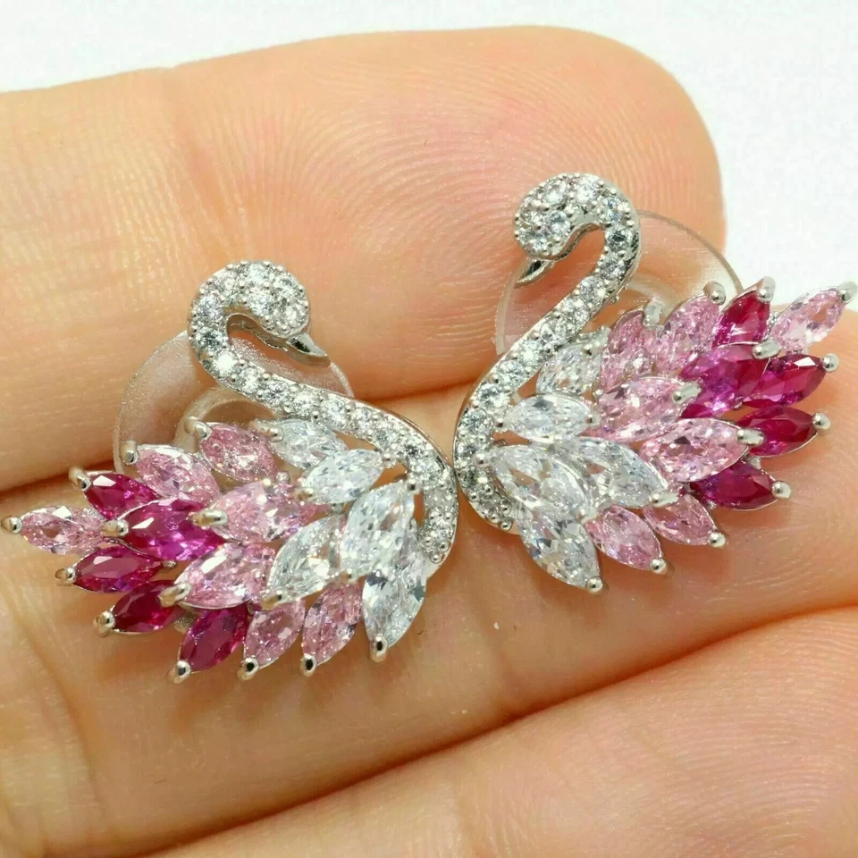 14K White Gold Plated 2.10Ct Marquise Lab Created Diamond Swan Gift Stud Earring - Image 1 of 4