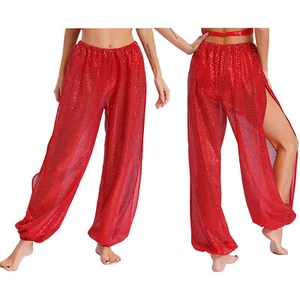 Pantaloni donna pantaloni larghi hippie bloomers abbigliamento da ballo lucido casual paillettes vita - Foto 1 di 7