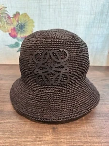 Loewe Raffia Bucket Hat Black With Black Leather Logo Size 57 - Picture 1 of 8