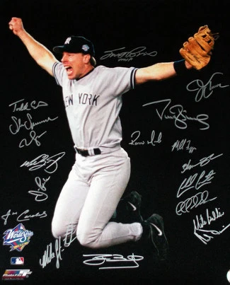Foto firmada 16x20 de los Campeones de la WS Yankees 1998 18 sigs Beckett LOA Brosius/Fresa Foto 1 de 1