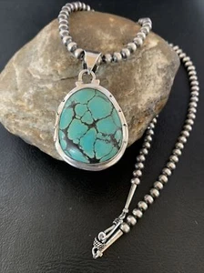 Mens Blue Spiderweb Turquoise Pendant Navajo Sterling Silver Necklace 10673 - Picture 1 of 12