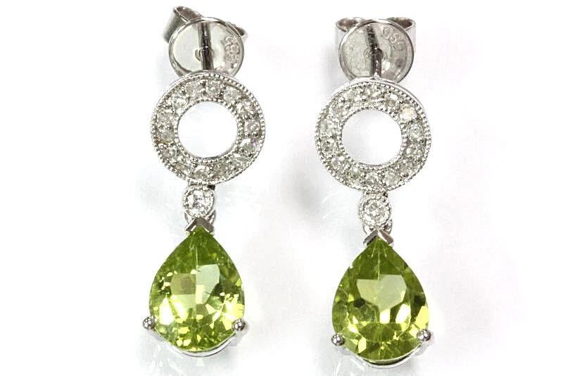 2.8 ctw Natural Green Peridot & Diamond Solid 14k White Gold Dangle Earrings - Image 1 of 1
