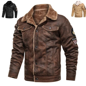 Winter Mens Fur Lined Leather Jacket Warm Coat Lining Thick Coats Cowboy Jacket - Picture 1 of 19