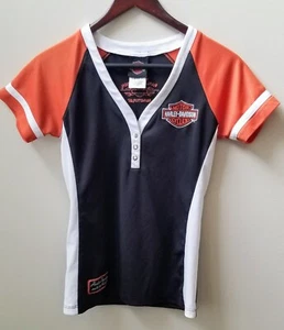 Harley Davidson Women’s Shirt Size Small Calumet Munster Indiana V-Neck Button - Picture 1 of 4