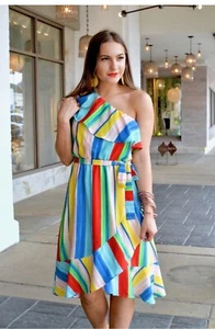 Aura Rainbow Stripe One Shoulder Ruffle Colorful Party Beachy Dress L - Picture 1 of 6
