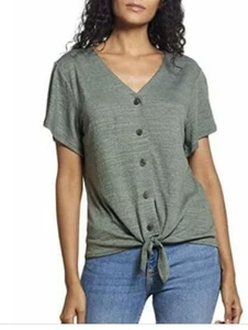 WEATHERPROOF WOMEN'S BUTTON UP TIE FRONT SHORT SLEEVE TOP OLIVE HEATHER SIZE M - Picture 1 of 2