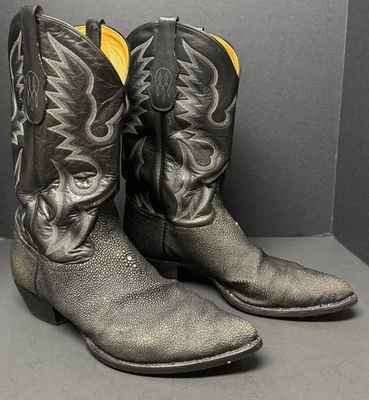 Botas de caubói vintage Tony Lama Stingray couro preto exótico MN 13D F8366 - Imagem 1 de 4