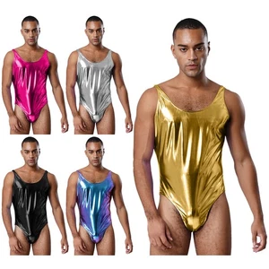Mens Bodysuit Metallic Nightwear Lingerie Jumpsuit Sleeveless Leotard Rave Gym - Picture 1 of 60