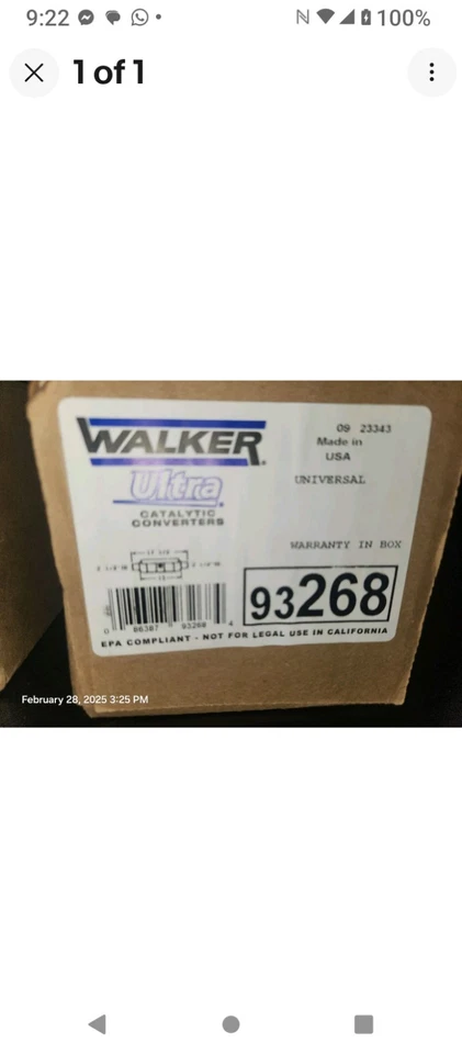 Convertidor catalítico universal compatible con la EPA Walker 93268 2,50" entrada/salida Foto 1 de 2