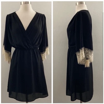 Veronica M. Faux Wrap Dress Lace Bell Sleeves Witchycore Whimsigoth Black Small - Image 1 of 4