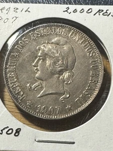** BRAZIL  1907 ( LIBERTY HEAD )  2000 REIS SILVER .** - Bild 1 von 2