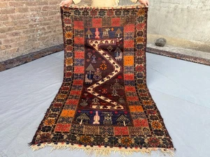 Antique Afghan Hand Knotted Tribal Wool Rug Brown Multicolor Pictorial Rug - Picture 1 of 11