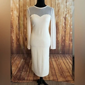 Heart & Hips Women’s Ivory Mesh Sheer Long Sleeve Midi Bodycon Dress Size Large - Picture 1 of 10