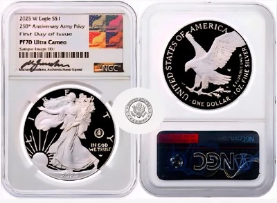 2025-W $1 PROOF ASE 250th ANNIVERSARY OF THE ARMY W/PRIVY PF70 FDOI GAUDIOSO  - Image 1 of 4