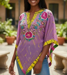 Tashia London Embroidered Silk Poncho Top Size Small Purple Beachy Coverup Boho - Picture 1 of 11