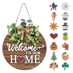 Interchangeable Seasonal Welcome Sign Front Door Decoration, Rustic Round Woo... - Picture 1 of 7