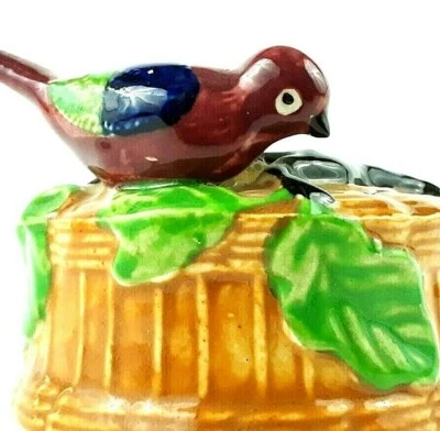Handgefertigte Vintage Japan Majolika Ware Schmuck Schale rot Vogel Korb mit Ast - Bild 1 von 4