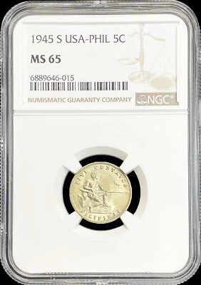 1945 S PHILIPPINES US ADMINISTRATION 5 CENTAVOS NGC MINT STATE 65 - Image 1 of 2