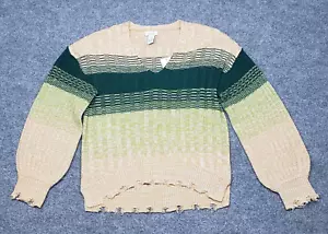 Rue21 Sweater Womens XS Pullover Green Beige Striped Long Sleeve V-Neck Knit New - Picture 1 of 12