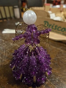 Vintage Handmade Purple Bead And Safety Pin Angel ornament Folk Tramp Art - Picture 1 of 2
