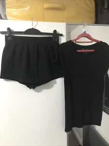 Shein Size 10-12 Black Slip-On Shorts and Peacocks Black Short Sleeved Top - Picture 1 of 6