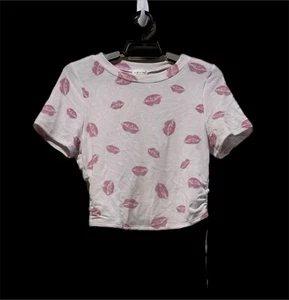 Top corto Dolls Kill (L) Lelis Collection Kiss talla S estampado de labios blanco rosa nuevo sin etiquetas - Imagen 1 de 3