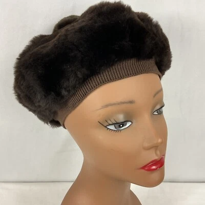 Vintage 1960s Marshall Fields Brown Wool Beret Pom Pom Women Medium 21" - Image 1 of 4