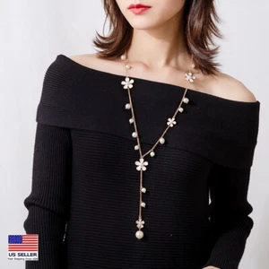 Fashion Women Necklace Vintage Pearls Flowers Long Tassel Y-Drop Pendant 1966 - Picture 1 of 3