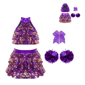 Kids Girls Sequins Carnival Cheerleading Costume Hollow Back Dancewear Jazz - Picture 1 of 53