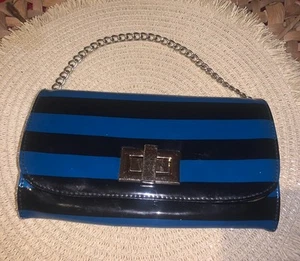 Retro Beetlejuice Inspired Blue &Black - Striped Clutch /Chain Strap & Turn Lock - Picture 1 of 10