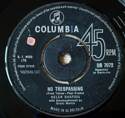 HELEN SHAPIRO NO TRESPASSING 7" COLUMBIA (1963) VG POP GT BRITAIN - Image 1 of 3