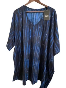 NWT Ulla Popken Blue Black Tunic V-neck Short Sleeve Top Tie Dye Plus Size 32/34 - Picture 1 of 9
