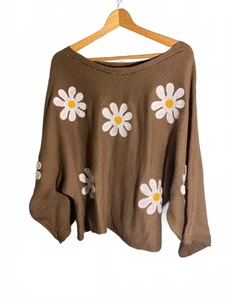BiBi brauner Strickpullover mit weißem Gänseblümchen Blumenmuster Large - Bild 1 von 7