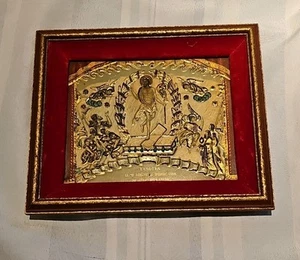 Antica icona greco ortodossa litografia latta legno risurrezione Gesù Cristo Gerusalemme., - Foto 1 di 7