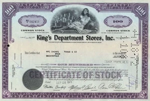 King's Department Stores Stock Certificate Vintage Original 1960's 1972 Used - Picture 1 of 1
