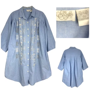 Go Softly Denim Patio Dress Plus Sz 1X Embroidered Beaded Button Front Pockets - Picture 1 of 7