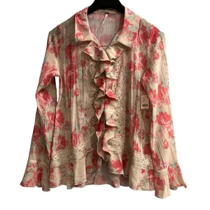 Free People Top M transparent Blumen Button Down Rüschen Spitzenborte Kokette Fee Y2K - Bild 1 von 9