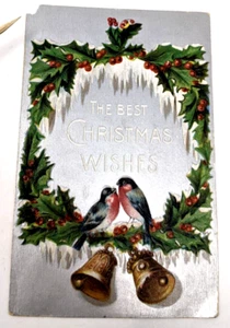 Antique Christmas Postcard 1906 Silver Foil Holly Wreath Birds Hudson Station NY - Picture 1 of 7