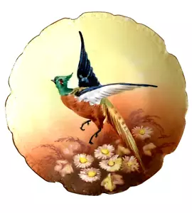 Limoges Spiel Vogel Fasan Blumen Frankreich Wandteller handbemalt gelb signiert - Bild 1 von 7
