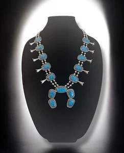 Vintage Goldette Türkis Kürbisblüte Halskette Silberfarben Zuni Stil Faux - Bild 1 von 6
