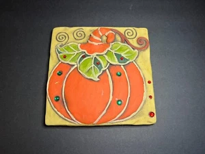 VTG Handmade Whimsy Studded Orange Pumpkin Gourd Square Halloween Tile Wall Art - Picture 1 of 5