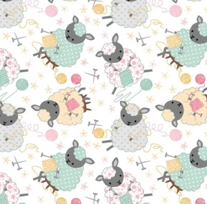 Knitting Sheep on White Comfy Cotton Flannel Fabric by the Yard - Picture 1 of 1